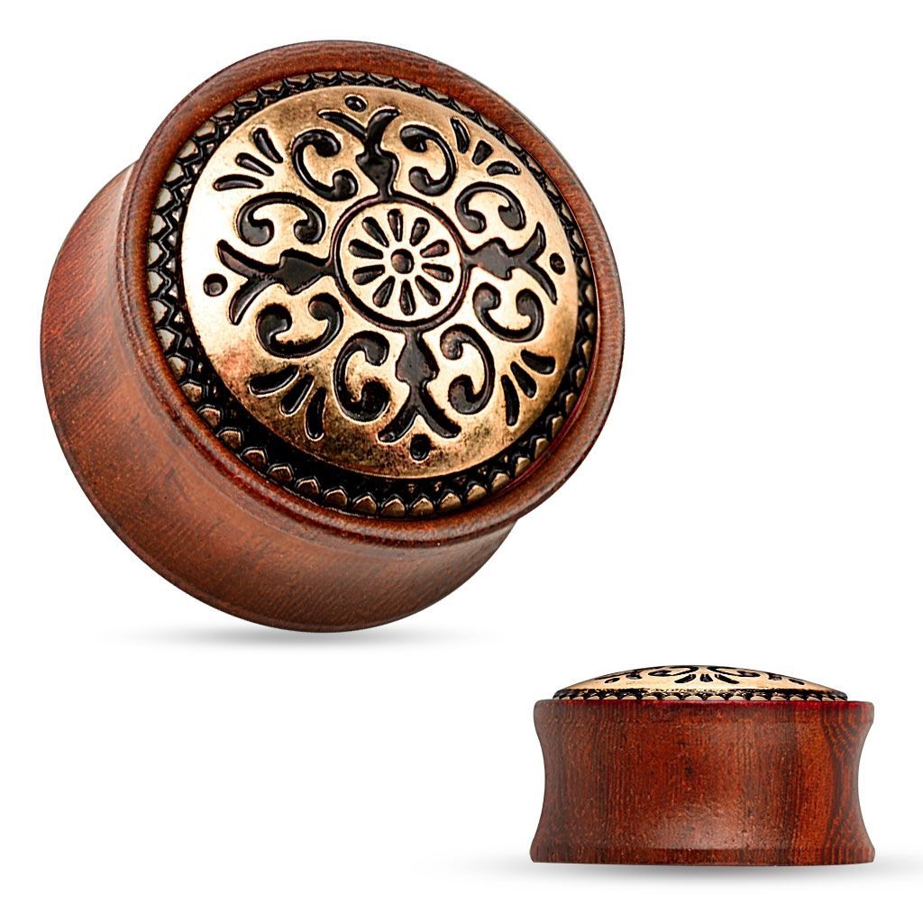 Dřevěný plug do ucha Rose Wood s ornamenty (25 mm)