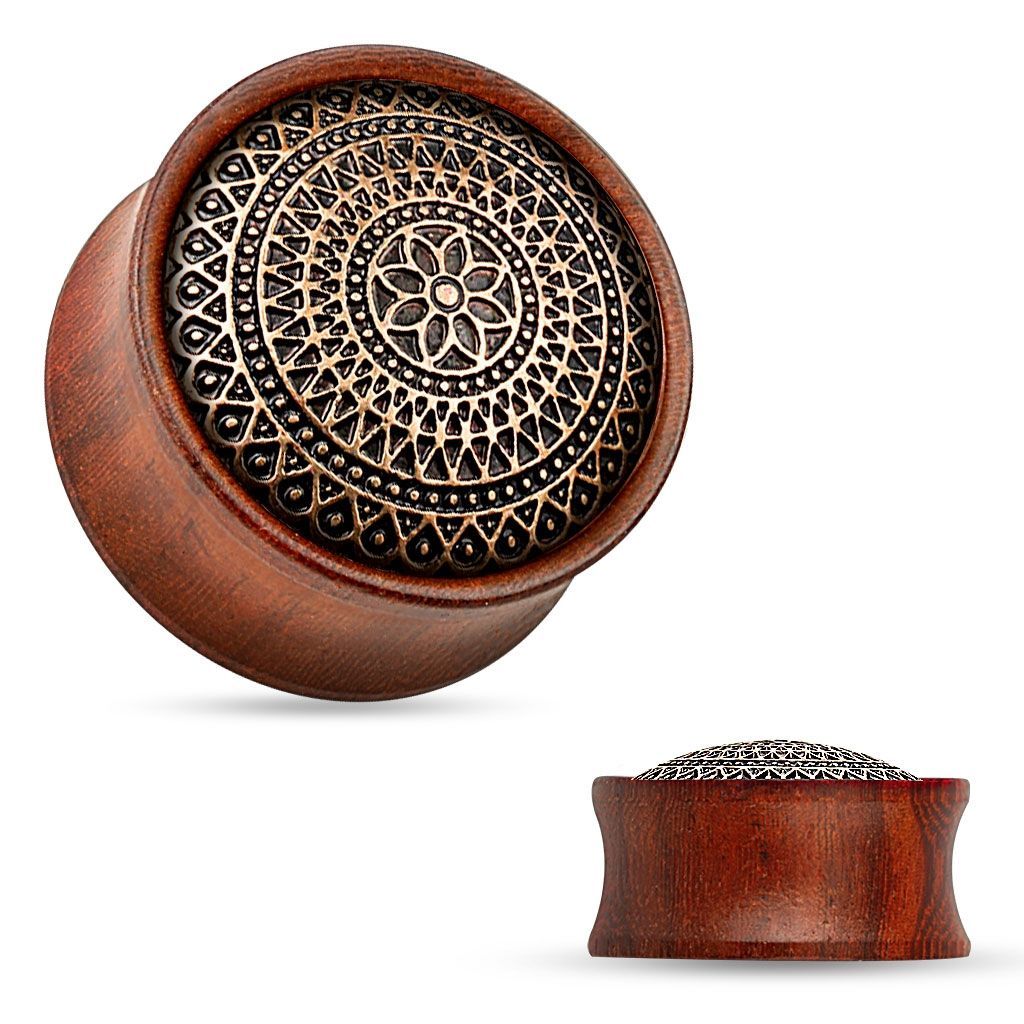 Dřevěný plug do ucha Rose Wood s ornamenty (10 mm)