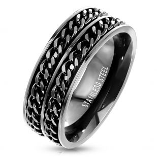 Pánský černý ocelový prsten s řetízky