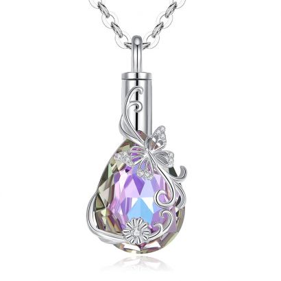 Stříbrný pietní náhrdelník - Swarovski Lavender DeLite kapka s motýlem a květem