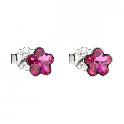 Stříbrné náušnice pecka s krystaly Swarovski růžová kytička 31080.3 fuchsia