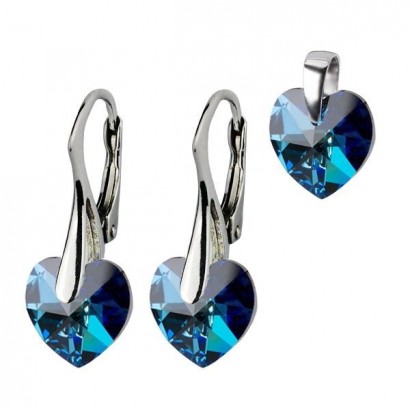 Stříbrné náušnice a přívěsek srdíčka s krystaly Crystals from Swarovski®, Montana Blue