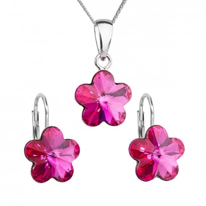 Sada šperků s krystaly Swarovski náušnice, řetízek a přívěsek růžová kytička 39143.3 fuchsia